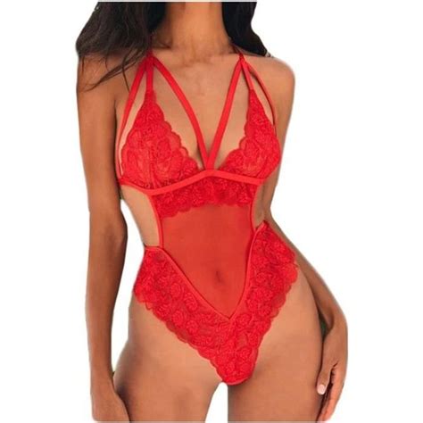 Nouveau Sexy Mesh Dentelle Femmes Sheer Dos Nu Body Teddy Jumpsuit Lingerie L Rouge