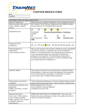 Fillable Online Eurosfaire Prd PARTNER PROFILE FORM Eurosfaire