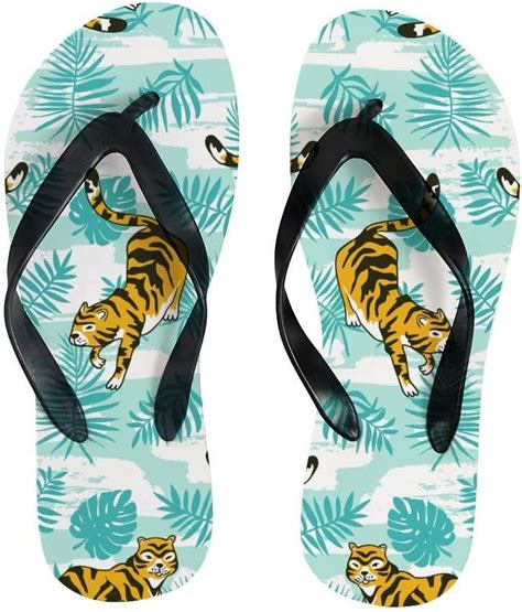 Freeamg Flip Flops Tropical Tiger Palm Leaves Striped Animal Slippers