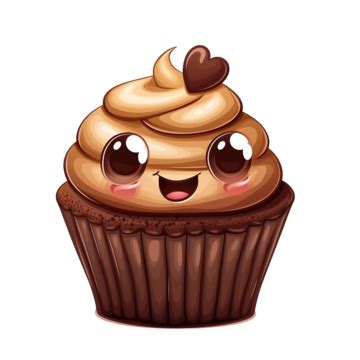 Cute Smiling Cartoon Chocolate Cupcake Over White Cupcake Dessert