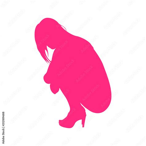 Icono Plano Silueta Chica Desnuda Agachada Perfil En Color Rosa Stock