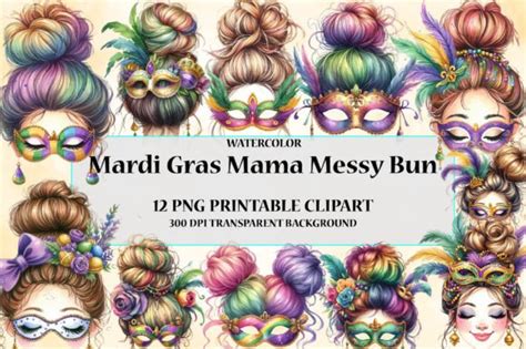 Watercolor Mardi Gras Mama Messy Bun Png Graphic By Chloeartshop