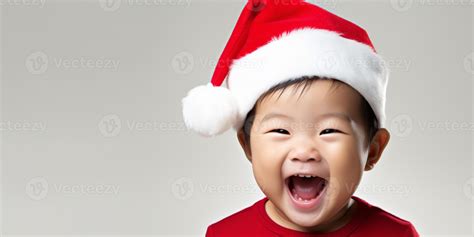 Ai Generated Asian Child Wearing Santa Claus Hat On White Background