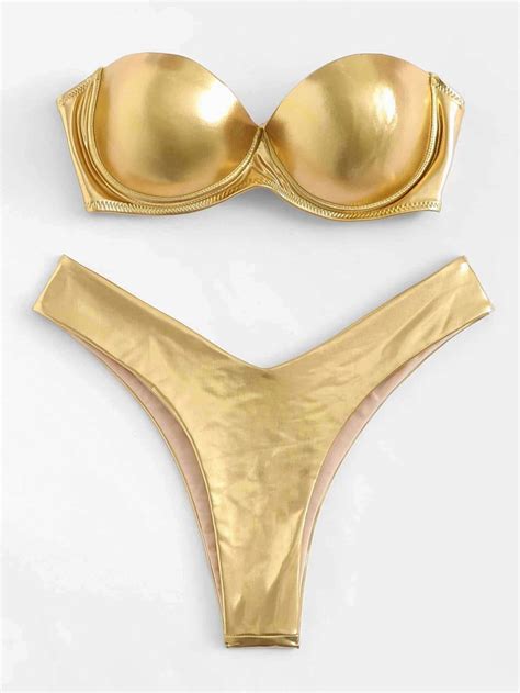 Gold Metallic Underwire Bandeau Swimsuit With High Leg Bikini Bottom