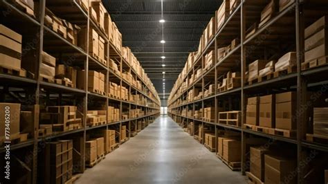 Warehouse Interior With Rows Of Shelves And Wooden Pallets Industrial