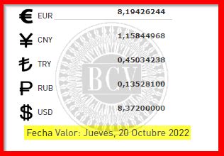 BCV Tipo De Cambio De Referencia Y Para Transacciones Del JUEVES 20 De