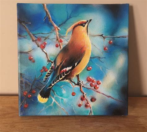 Original Acrylic Painting, Waxwing ,winter Bird, Modern Airbrush ...