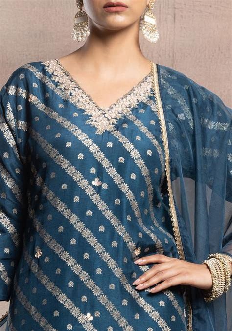 Buy Women Navy Blue Gota Patti Embellished Brocade Kurta Set With Pants