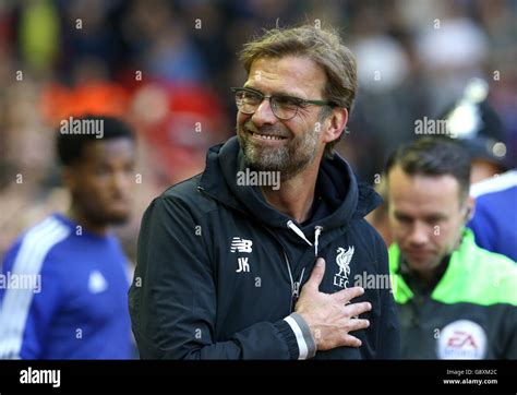 Liverpool Manager Jurgen Klopp Before Barclays Premier League Match Anfield Hi Res Stock