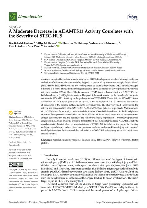 PDF A Moderate Decrease In ADAMTS13 Activity Correlates With The