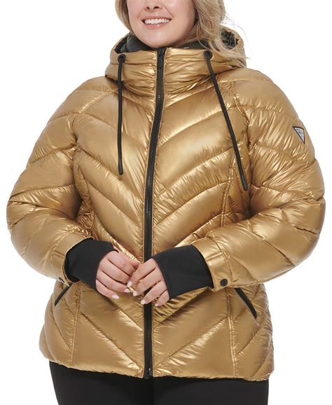 Guess Womens Plus Size Metallic Quilted Hooded Puffer Coat Created For Macys Macys