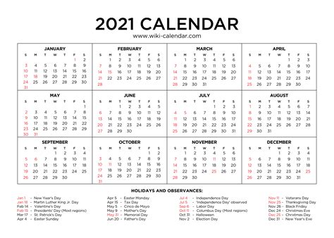 2021 Calendar With Holidays Printable Usa