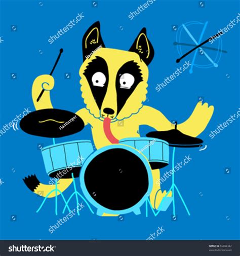 Funny Dog Playing The Drums Against A Blue Background. Stock Vector ...