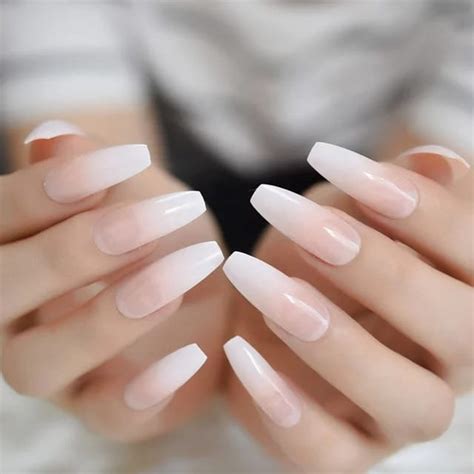 Glossy French Nude Nails Long Coffin Ballerina Nails Press On Nails Ombre Nude Nails Line