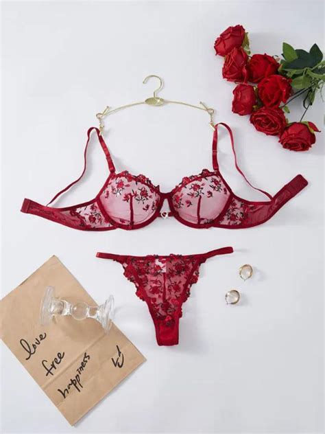 Sexy Chic Lingerie Set Women S Bra Underwear Combination Red Vibrant Rose Embroidery Sheer