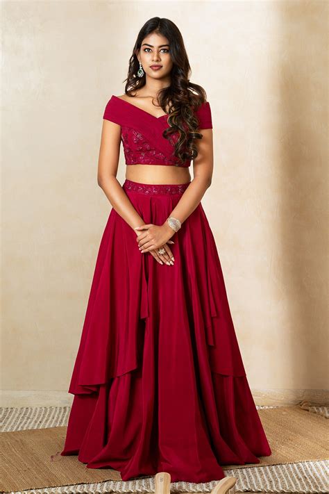 Buy Red Silk Embroidered Sequin V Neck Layered Lehenga Set For Women By