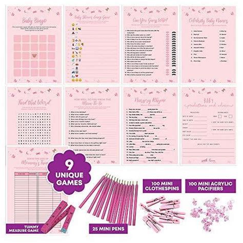 Dessie Baby Shower Games for Girls - 9 Games, 100 Clothespins, 100 ...