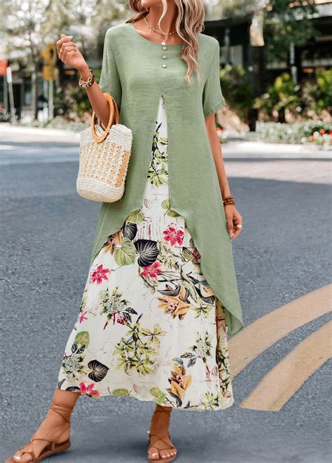 Leaf Print Fake 2in1 Sage Green Dress Usd 38 98