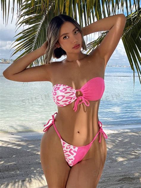 Women S Leopard Print Cut Out Swimsuit Set String Bandeau Bikini Outfit Beach Swimwear Bathing