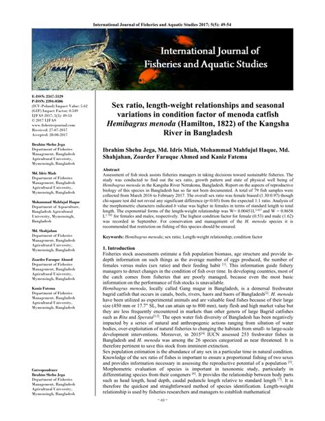 PDF Sex Ratio Length Weight Relationships And Seasonal Variations In Condition Factor Of