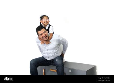 Divorced Single Dad With His 4 Year Old Brunette Latina Daughter Dressed In School Uniform