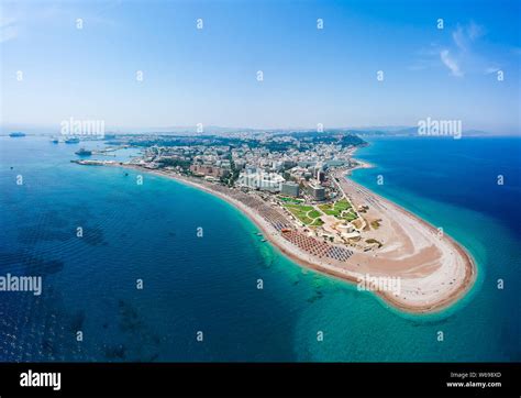 Aerial birds eye view drone photo of Elli beach on Rhodes city island ...