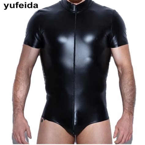 Mens Undershirts Bodysuits Faux Leather Gay Jumpsuit Sexy Underwear Zipper Wrestling Singlet