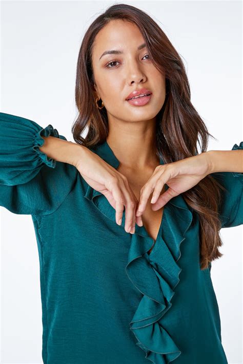 Satin Ruffle Neck Blouse In Green Roman Originals Uk