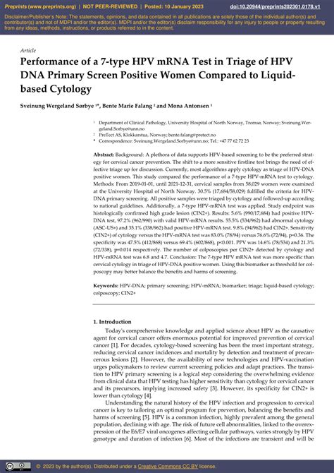 Pdf Performance Of A Type Hpv Mrna Test In Triage Of Hpv Dna