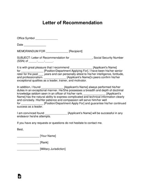 Sample Military Letter Of Recommendation Template Free Resume Templates