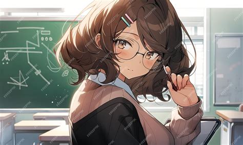 Premium Photo Image Of A Cute Anime Girl In Glasses In A Classroom Generated Ai