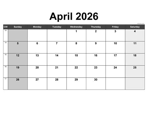 April 2026 Calendar | Free Printable PDF, XLS and PNG