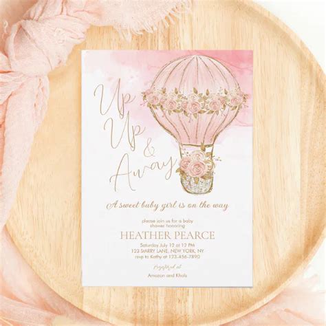 Up And Away Rose Hot Air Balloon Girl Baby Shower Invitation Zazzle