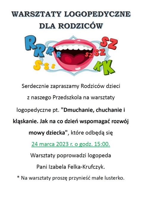 Zaproszenie Rodziców na warsztaty logopedyczne Przedszkole nr 19 w