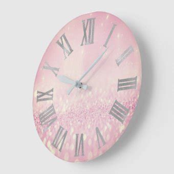 Silver Pink Glitter Blush Metallic Roman Numers Large Clock Zazzle