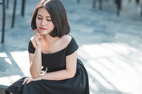 Glamorous Asian Babe Posing In Her Elegant Black Dress In Public CoedCherry