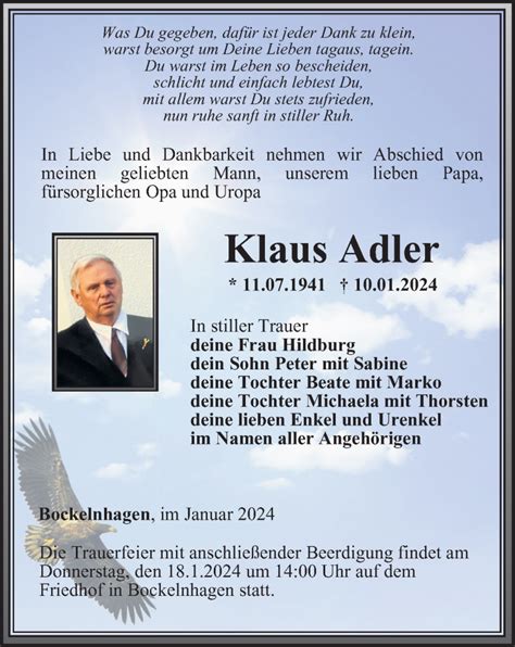 Traueranzeigen Von Klaus Adler Trauer In Thueringen De