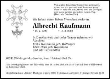 Traueranzeigen Von Albrecht Kaufmann Saarbruecker Zeitung Trauer De