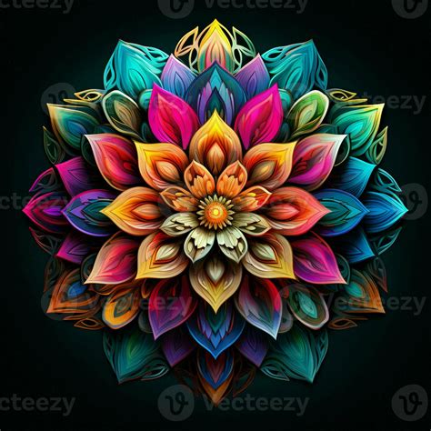 Beautiful Mandala Flower Colorful Fractal Mandala On Black Background