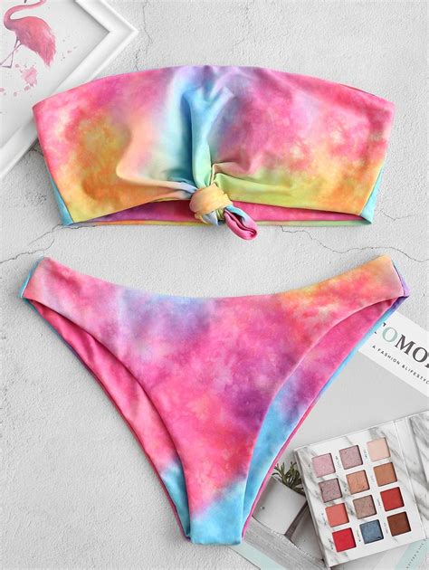 Zaful Tie Dye Knotted Bandeau Bikini Swimsuit Multi A Bikini