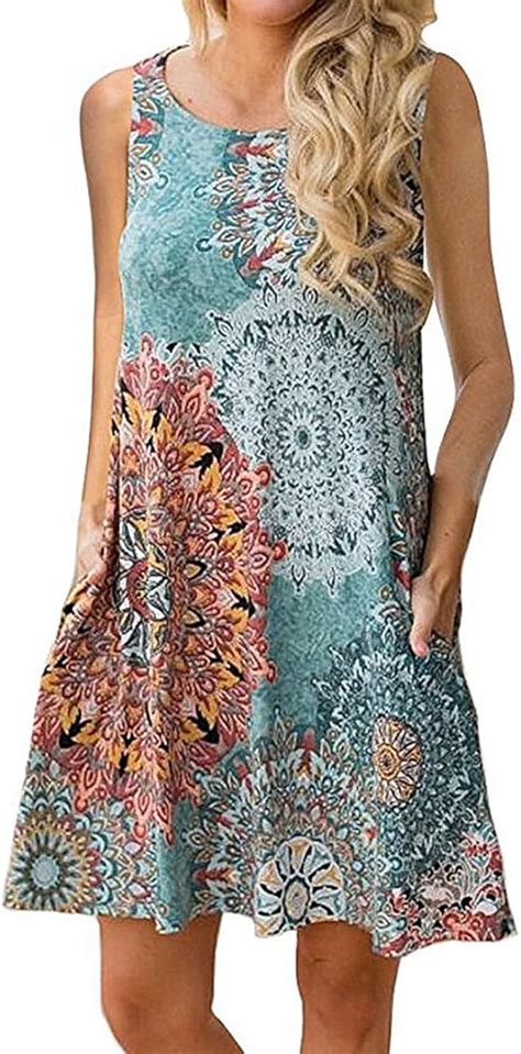 Yuanmo Sommerkleid Damen Boho Maxikleider A Linie Knielang Ärmelloses T Shirt Kleid Elegant