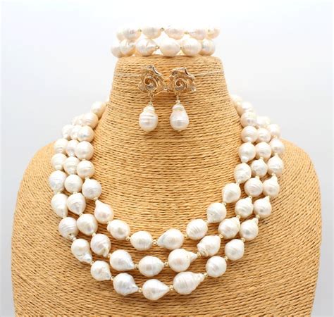 3 Rows White Baroque Pearl Necklace Set Teardrop Freshwater Etsy