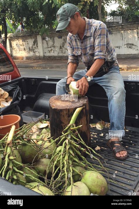 Street Vendor Selling Coconut On A Pickup Chiang Mai Thailand Stock