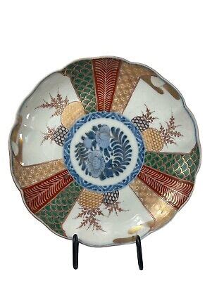 Antique Japanese Meiji Period Imari Fluted Footed Bowl Blue Fuku Mark