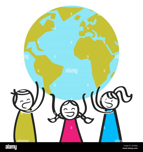 Cartoon Stick Figure Children Screaming While Holding Up Giant Globe