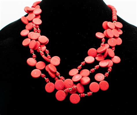 Multi Strand Red Coconut Shell Flower Layered Necklac Gem