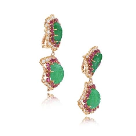 Pair Of Emerald Ruby And Diamond Pendent Ear Clips Par Cartier Co