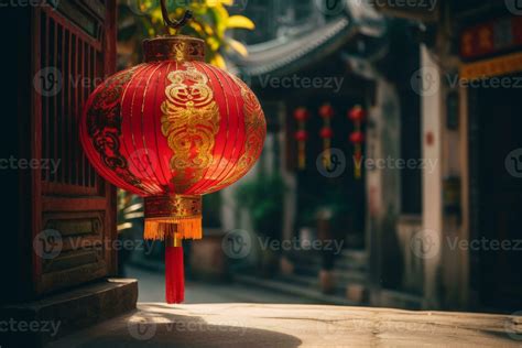 Red and gold lantern strung up outside the entrance of an temple. Capture the vibrant colors and ...