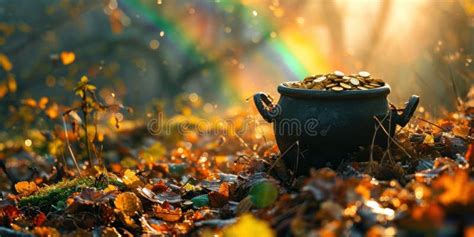 A Pot Of Gold In The Spring Forest At The End Of The Rainbow St