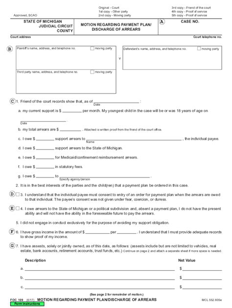 Foc Motion Regarding Payment Plandischarge Of Arrears Form Fill